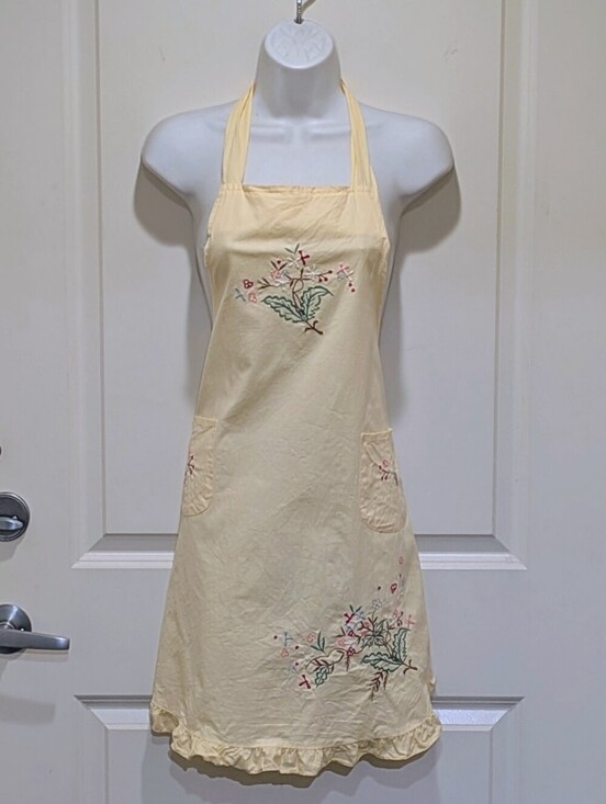 Handmade Other - GUC Vintage Handmade Butter Yellow Kitchen Apron with Floral Embroidery